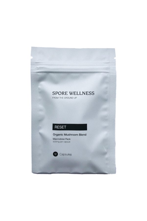 Spore Wellness Reset Macrodosing Mushroom Capsules Front Bag